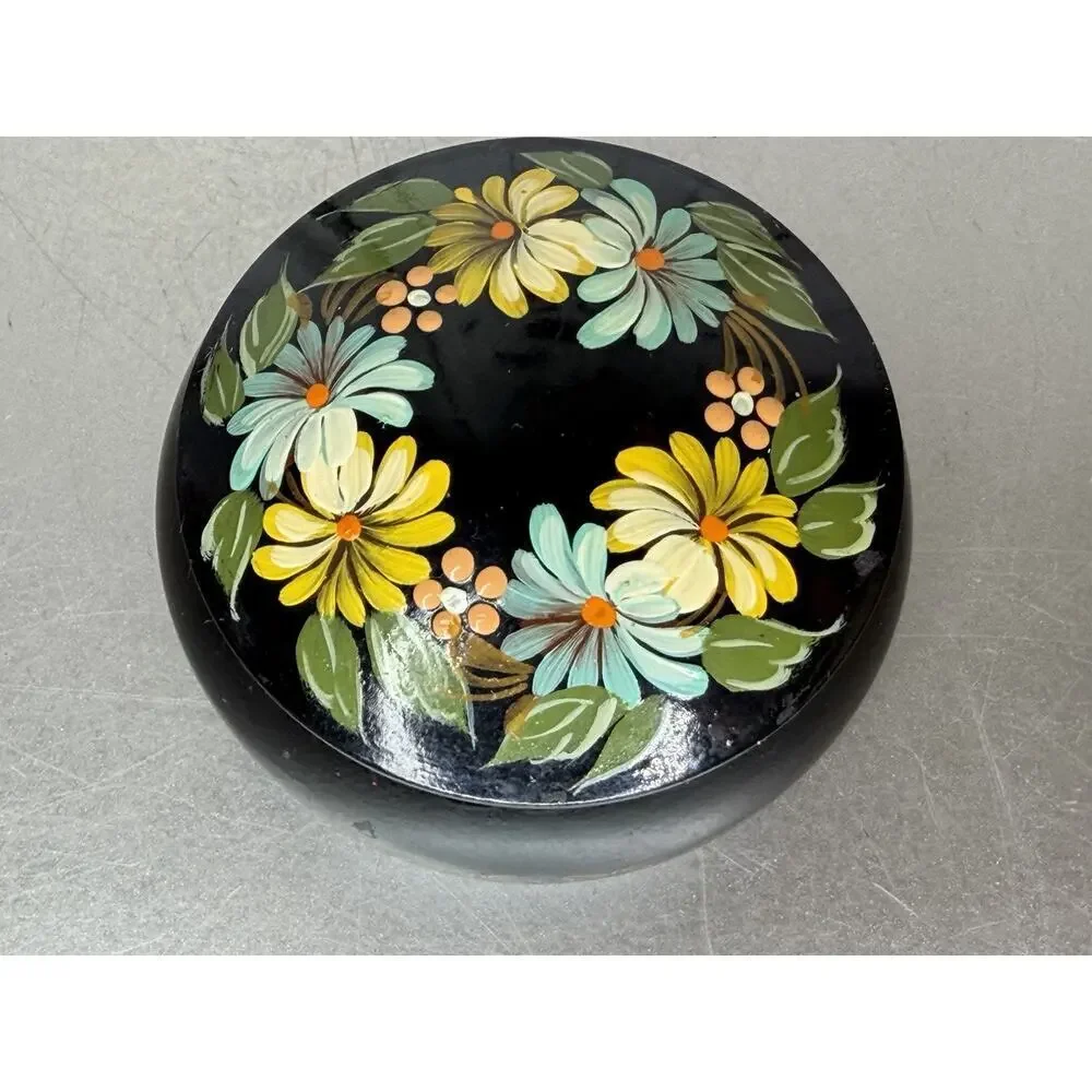 VTG Russian Black Round Metal Trinket Box Hand Painted Flowers Red Interior